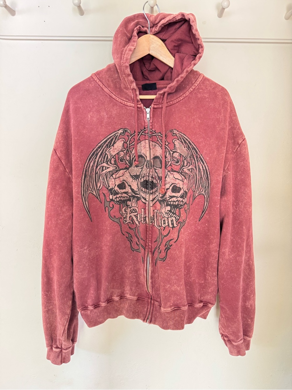 Minga London Rebellion Skull Graphic Zip-Up Hoodie XL Acid Wash Goth Grunge Y2K